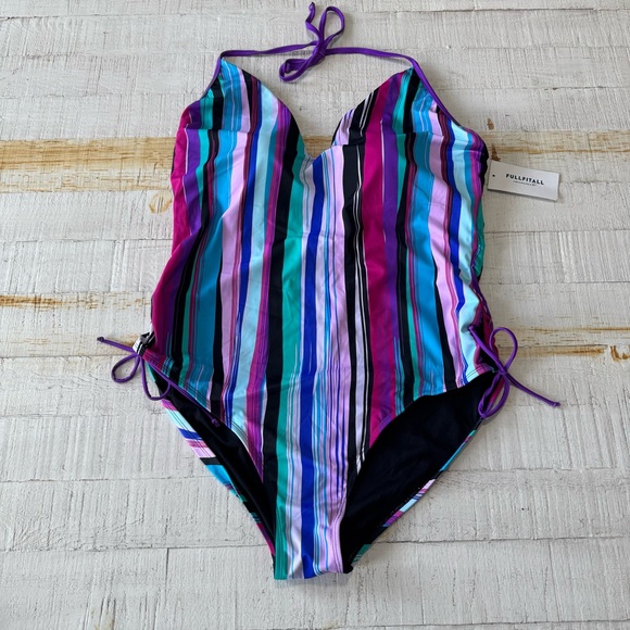 FullFitAll Technicolor V-Neck Halter‎ NWT size 22 One Piece Swimsuit Power Mesh - Picture 3 of 11